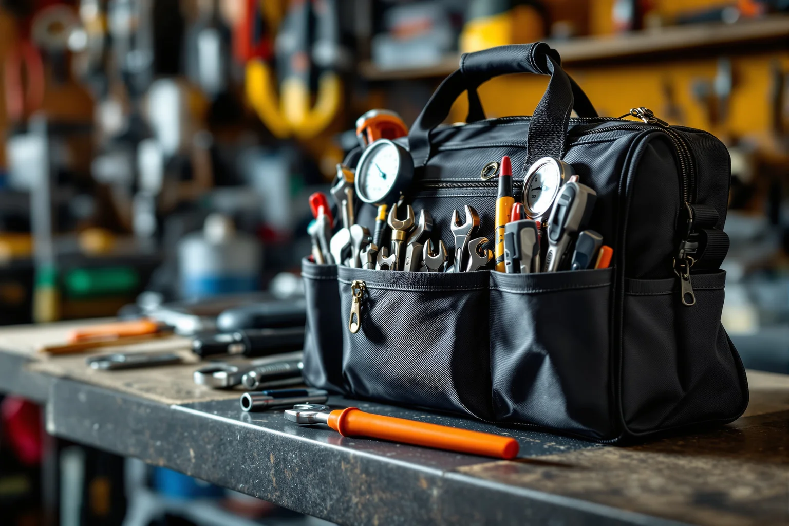 HVAC technician tools laid out on a workbench