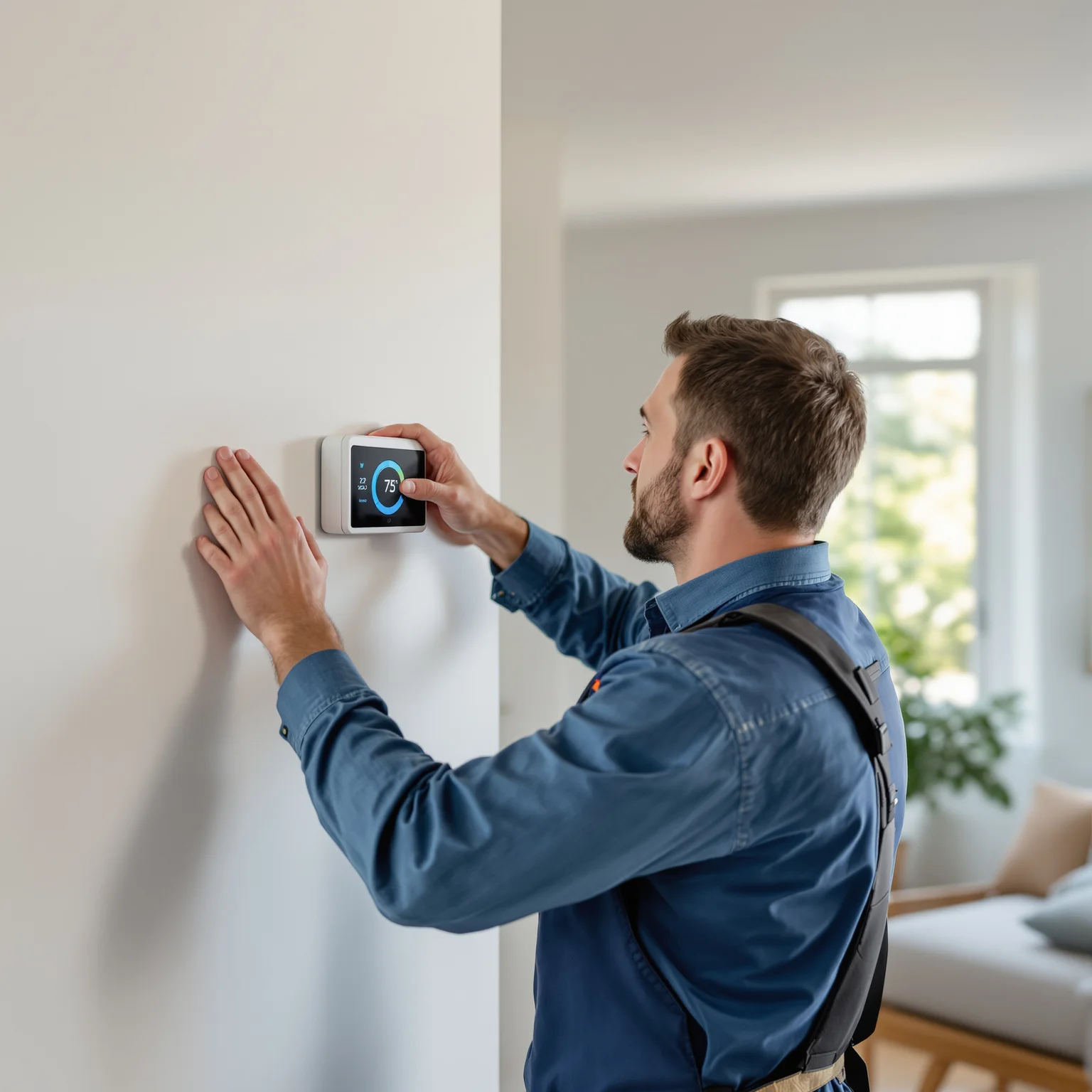 JT's technician installing a thermostat in a Michigan home